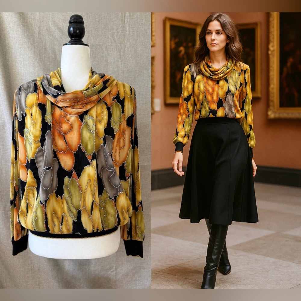 VTG 80s Virginie Made in France Plissé Floral Print Balloon Sleeve Blouse
